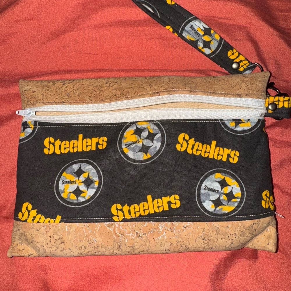 Steelers Themed Wristlet with Cork Accents
